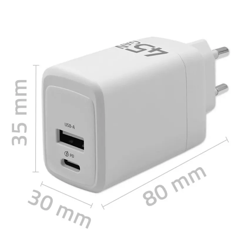 Caricabatterie GaN 45W 5V 20V 1,5A 3A, 1x USB-C PD, 1x USB-A