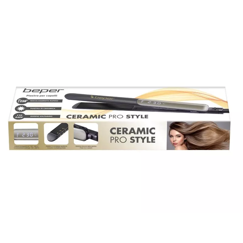 Beper P301PIS200 piastra per capelli, piastre in ceramica, 130-230°C, 6 impostazioni di temperatura, nero/grigio
