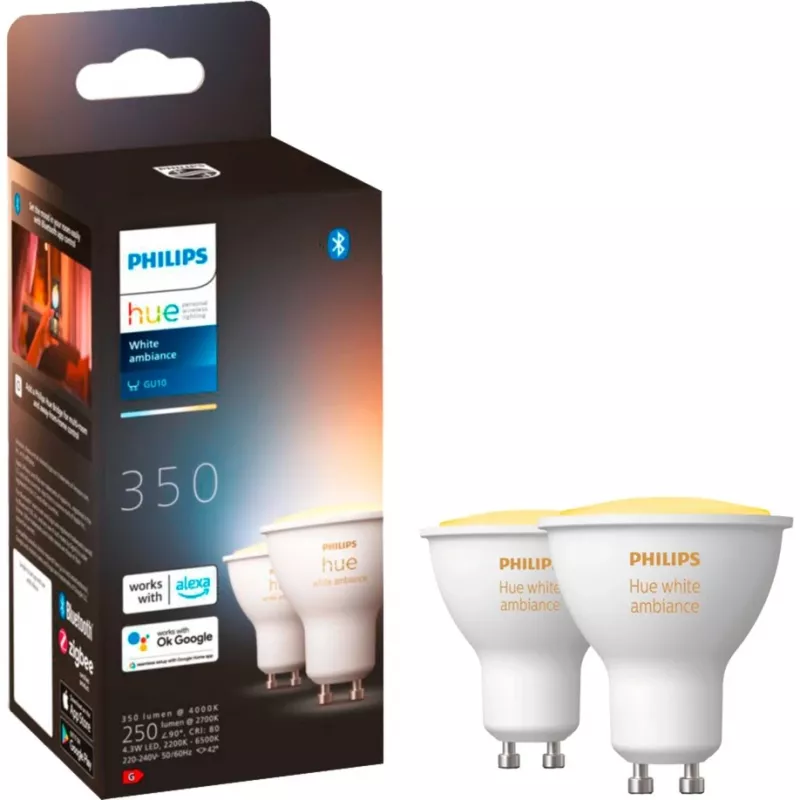 Lampade LED GU10 doppio pacchetto con Hue Bridge – Philips Hue White Ambiance, sostituisce 35W