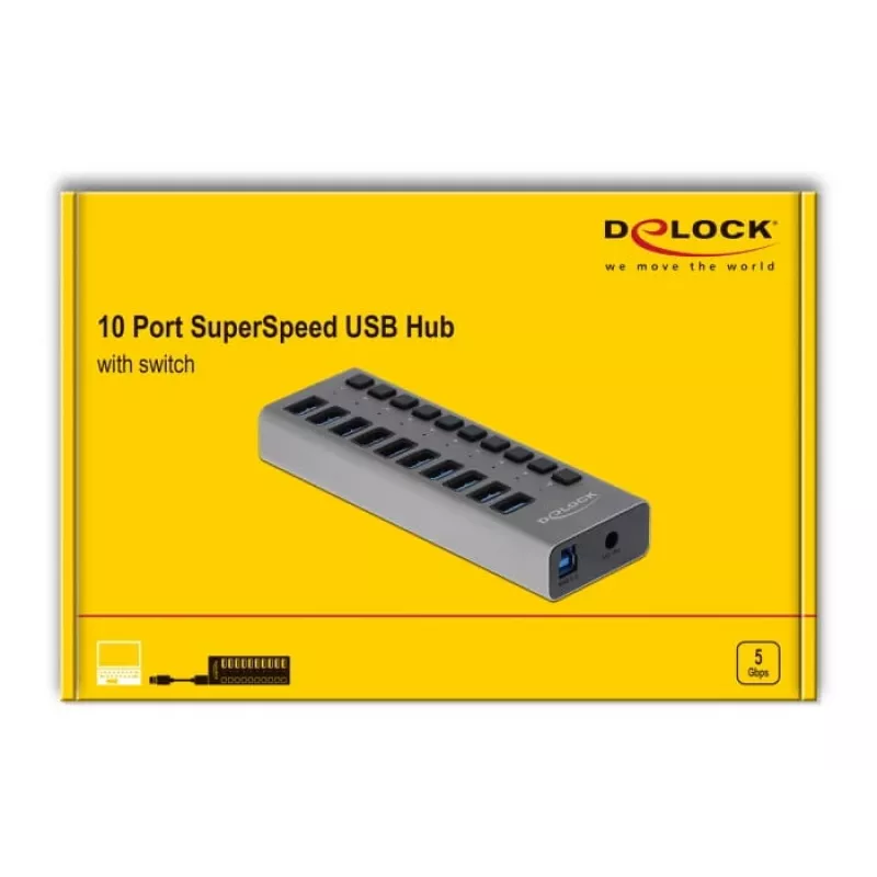 Hub USB esterno 5 Gbps DeLOCK con 10 porte + interruttore