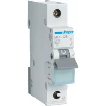 Hager MCS125. Corrente nominale: 25 A. Tipo: caratteristica C, numero di moduli (max): 1 modulo. Larghezza: 17,5 mm, profondità: 70 mm, altezza: 83,4 mm (MCS125)