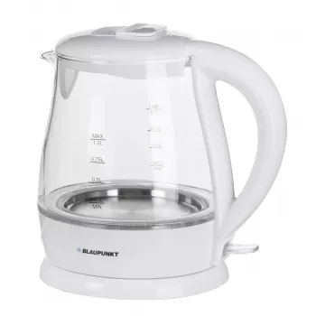 Bollitore elettrico BLAUPUNKT 1 L 1630 W bianco — corpo in vetro, base 360°, apertura a pulsante