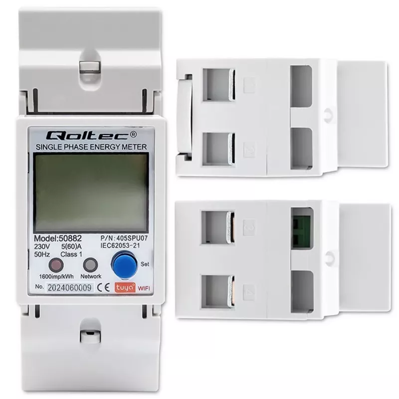 Qoltec 50882 contatore elettronico monofase del consumo energetico per guida DIN | Wi-Fi | TUYA | 230V | LCD