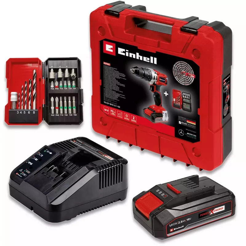 Einhell TE-CD 18/2 Li-i +22 trapano avvitatore a percussione a batteria 18 V, 1250 giri/min, con batteria da 2,5 Ah, caricabatterie e valigetta, rosso/nero