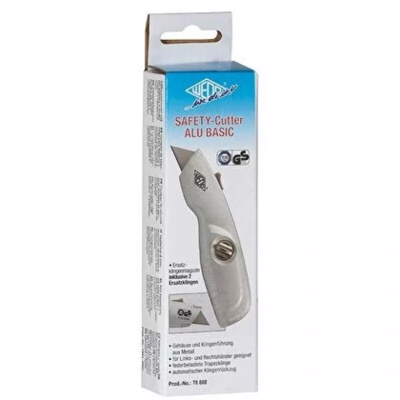 WEDO 78808 Safety-Cutter ALU taglierino, lama trapezoidale, a molla, a ritorno automatico, 2 lame di ricambio, TÜV/GS, argento