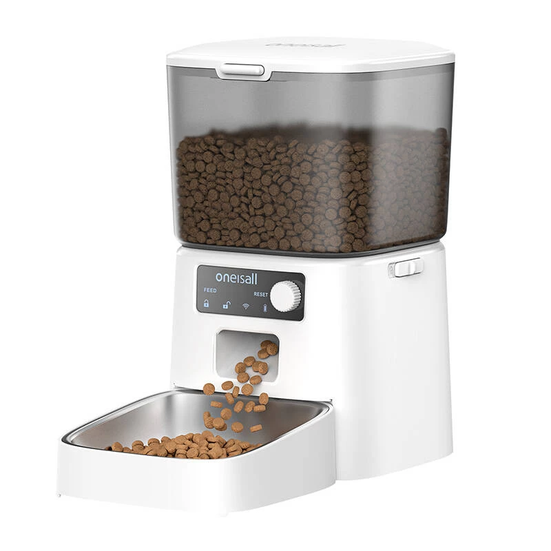 Distributore automatico di cibo Oneisall PFD001 Pro bianco — capacità 4L, alimentazione programmabile