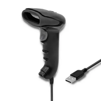 Lettore di codici a barre portatile QOLTEC 50866 — scanner laser 1D, USB con cavo, portata 600 mm, nero, 161,5×88×77 mm