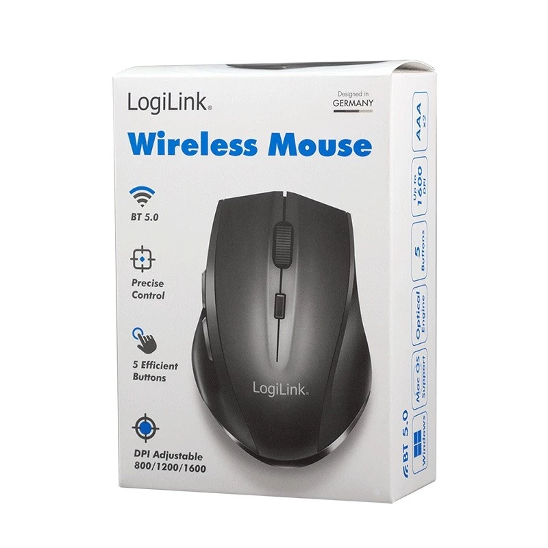 Mouse wireless Logilink BT5.0, ergonomico, nero
