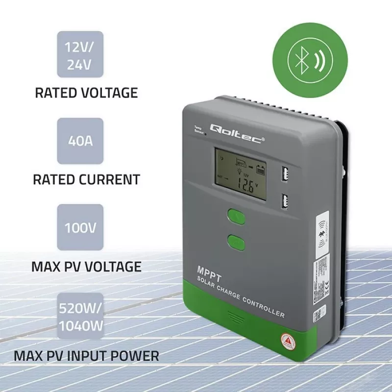 Regolatore di carica solare MPPT QOLTEC 40A 12V/24V con display LCD
