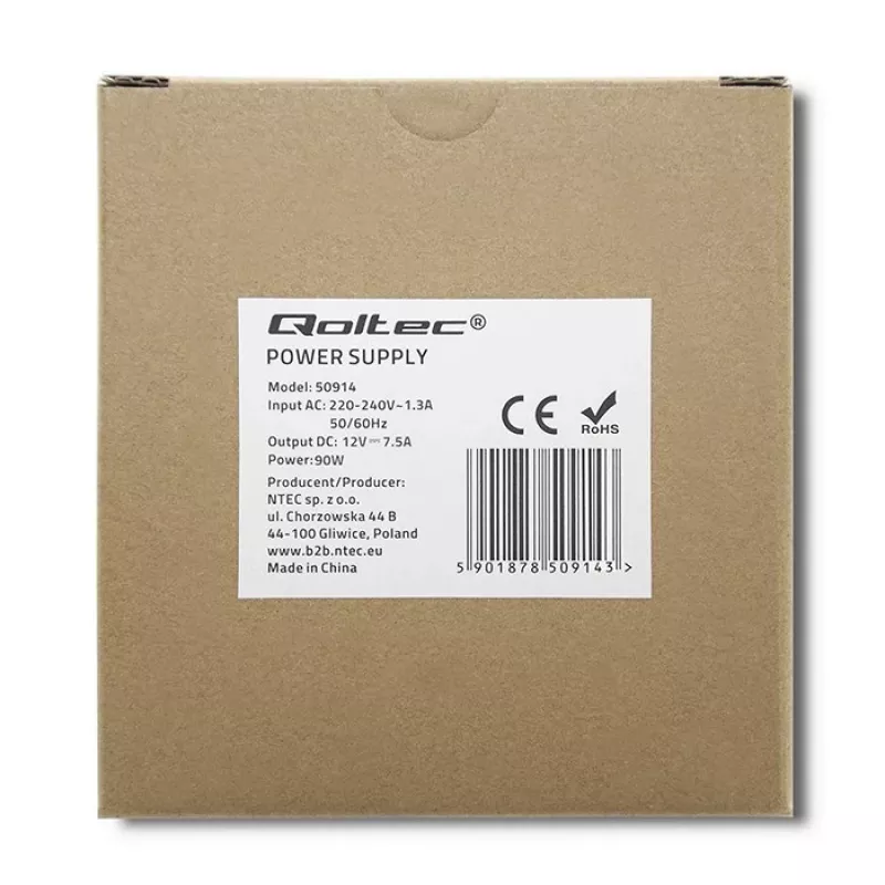 Qoltec 50914 Alimentatore per guida DIN | 90W | 12V | 7,5A | bianco | sottile