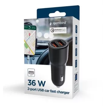 Caricabatterie da auto per dispositivi mobili Gembird TA-UC-A2QC36-CAR-01, 36 W, 12–24 V, accendisigari, nero