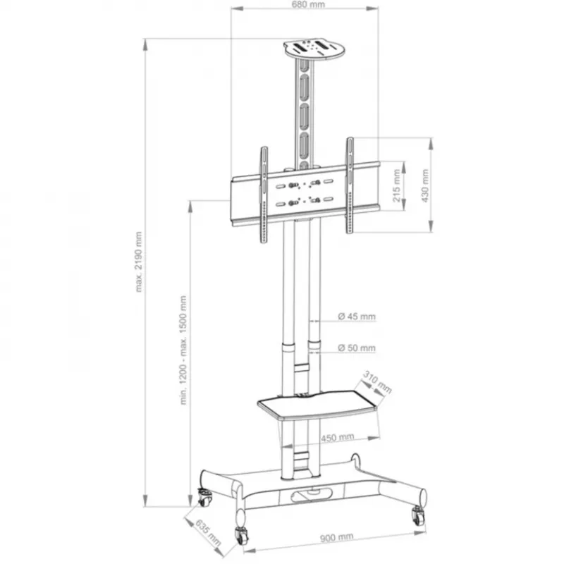 Hagor 8209 HP Twin Stand supporto mobile da pavimento per display da 32-55 pollici (81-140 cm), 45 kg, regolabile in altezza, nero