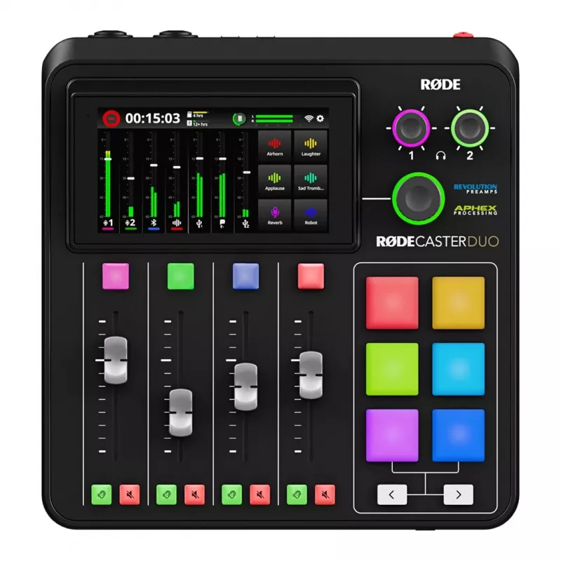 Controller da studio RØDE Caster Duo nero — 2 combo XLR/TRS, 2 uscite line TRS, 48 kHz, 24 bit, touchscreen, Wi-Fi, Bluetooth