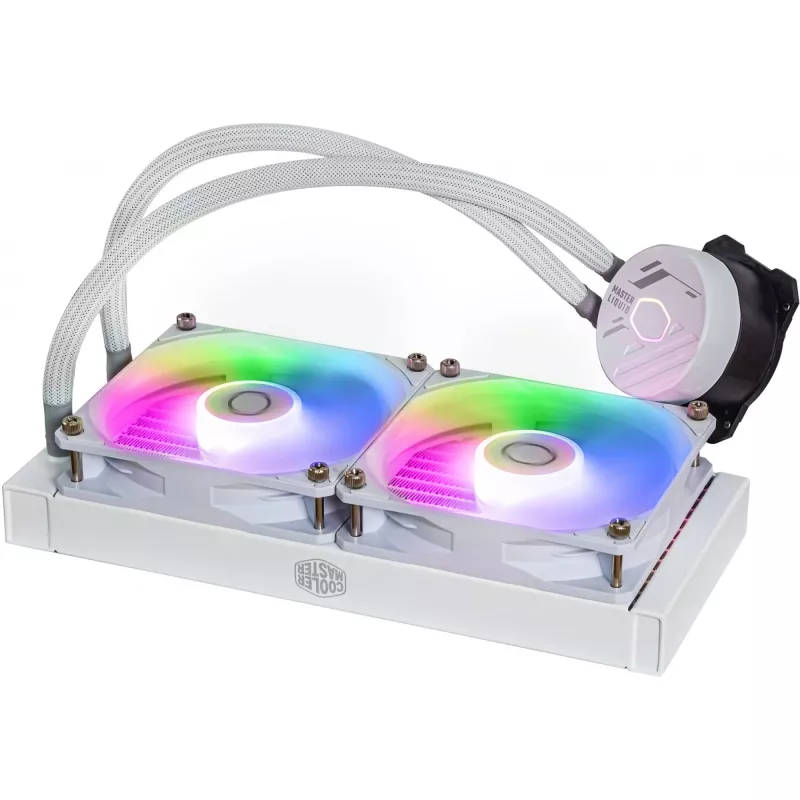 Kit raffreddamento a liquido Cooler Master MasterLiquid 240L Core ARGB bianco — radiatore 240 mm, ventola 120 mm, supporta LGA1700/AM5/AM4 e socket precedenti