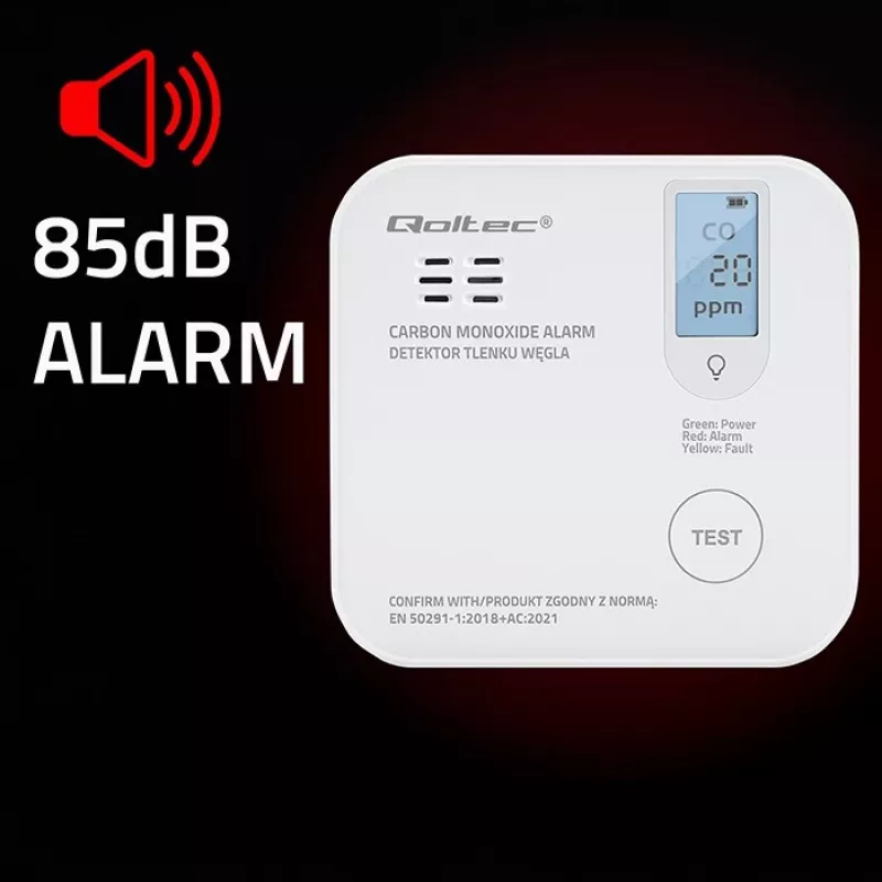 Rilevatore di monossido di carbonio QOLTEC 52577 — allarme a batteria, livello sonoro 85 dB