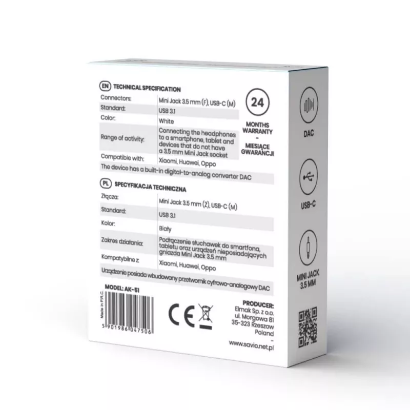 Adattatore audio USB Type 3.1 C (M) – Jack 3.5mm (F) bianco SAVIO AK-51