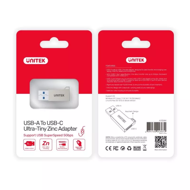 Unitek A1034NI adattatore da USB-A maschio a USB-C femmina, USB 3.1 Gen1, argento