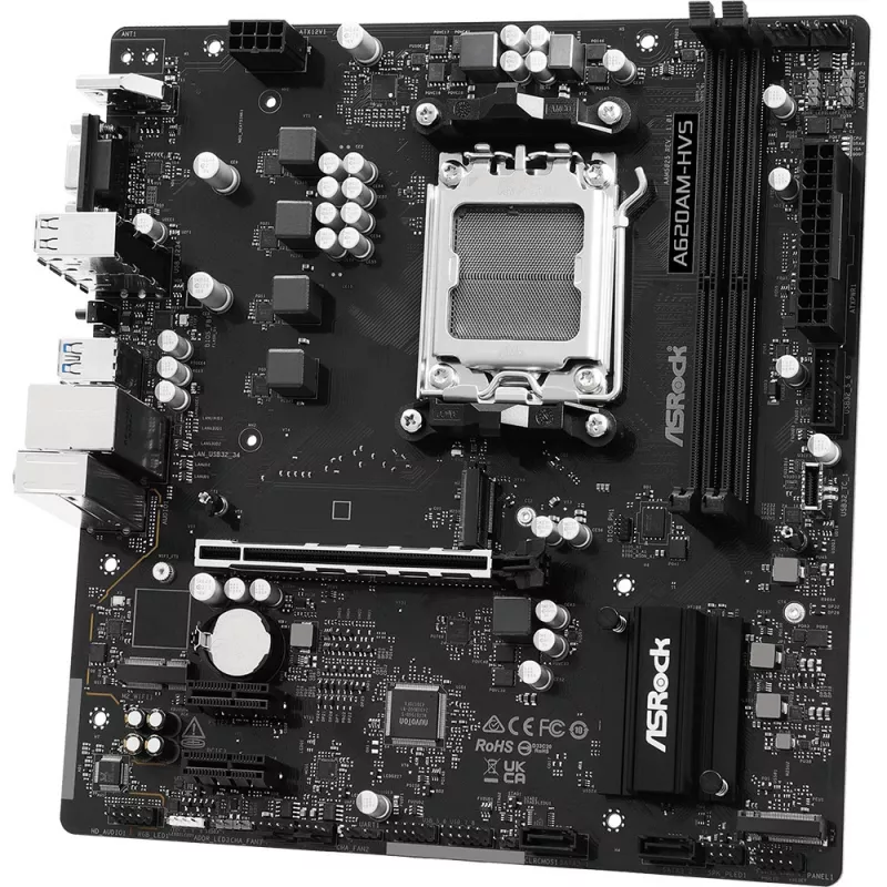 Scheda madre ASRock A620AM-HVS Micro ATX — chipset AMD A620A, socket AM5, DDR5, 2 DIMM, fino a 128 GB, HDMI 2.1, M.2 2280