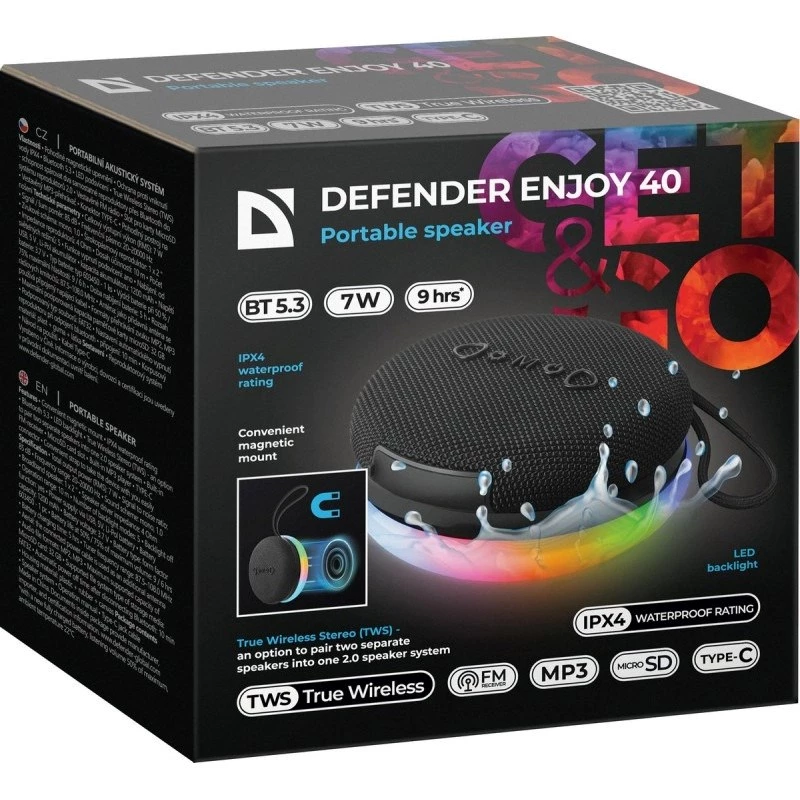 Diffusore Bluetooth portatile DEFENDER ENJOY 40 — 7 W RMS, Bluetooth 5.3, illuminazione LED, batteria LiPo, 9 h, nero