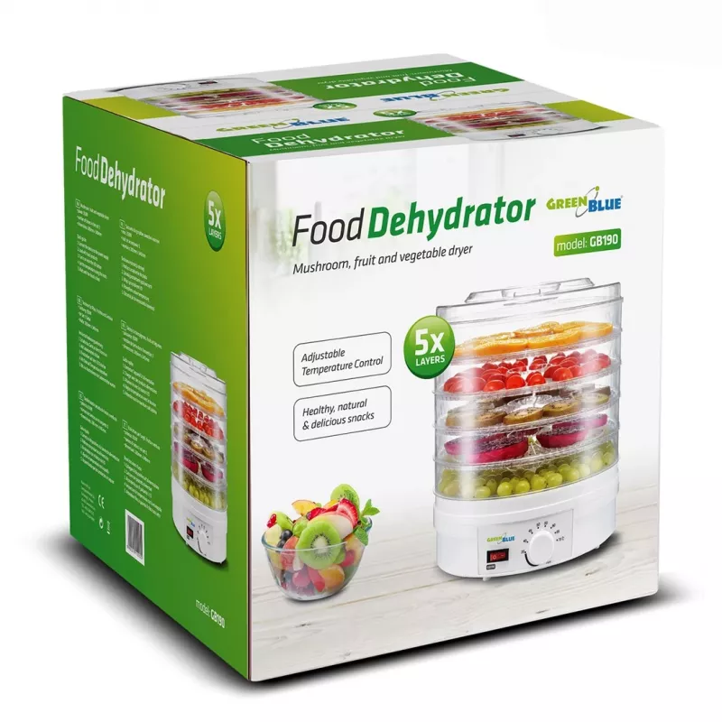 GreenBlue GB190 essiccatore per funghi, verdure e frutta, 5 vassoi, 250 W, temperatura regolabile 35–70 °C, bianco
