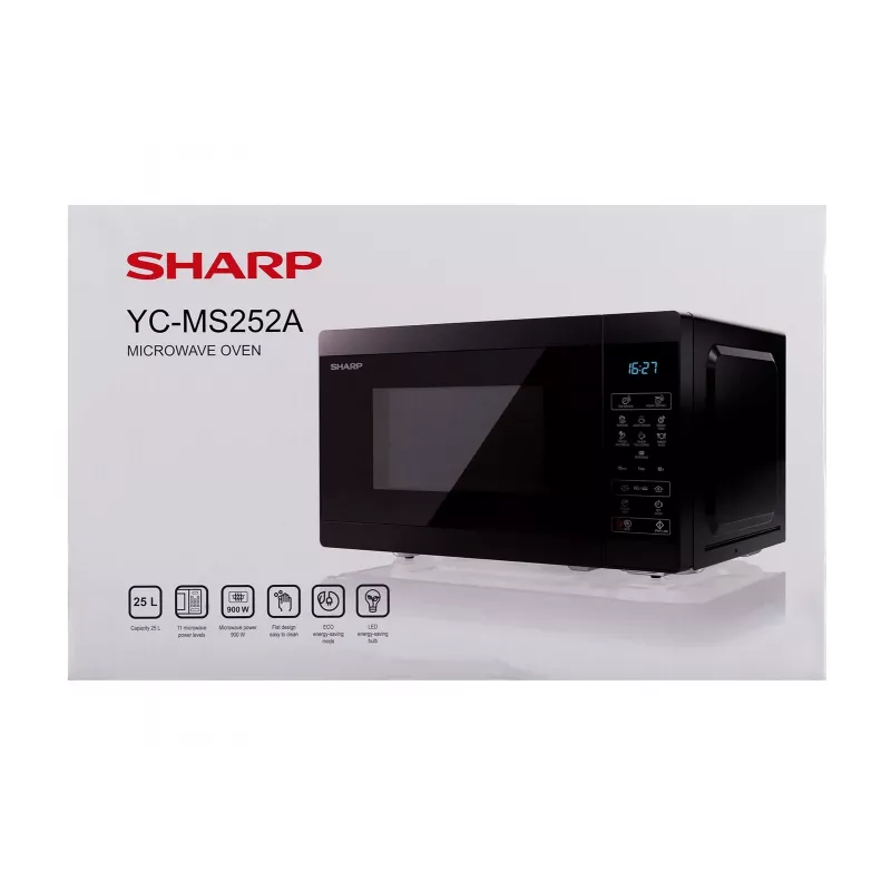Microonde Sharp YC-MS252AE-B, a libera installazione 25 L, 900 W, comandi touch, 11 livelli di potenza, sicurezza bambini, funzione ECO, nero