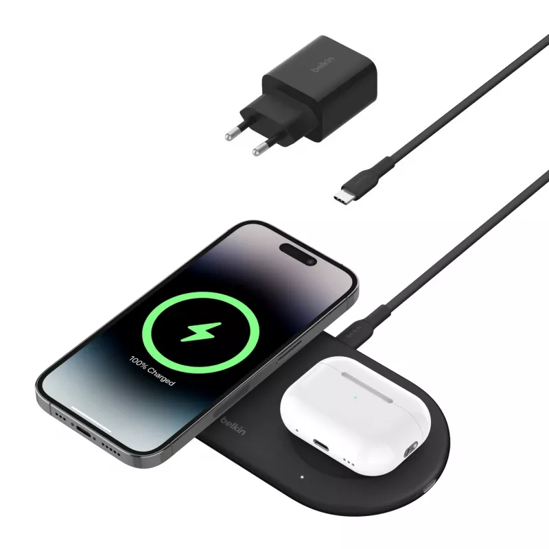Belkin WIZ021VFBK – stazione di ricarica wireless 2-in-1 con tecnologia Qi2 15 W, nero