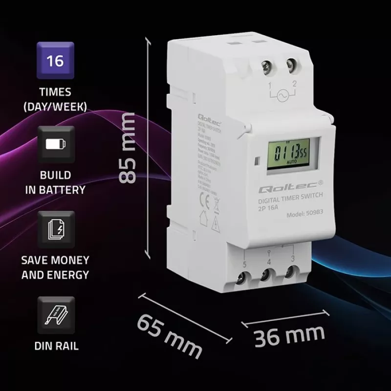 Timer elettronico per guida DIN QOLTEC 50983, a batteria, per circuiti di automazione