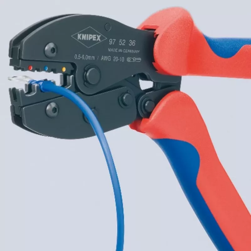 Pinza crimpatrice Knipex PreciForce modello 975236 SB — impugnature isolate in nero, blu e rosso