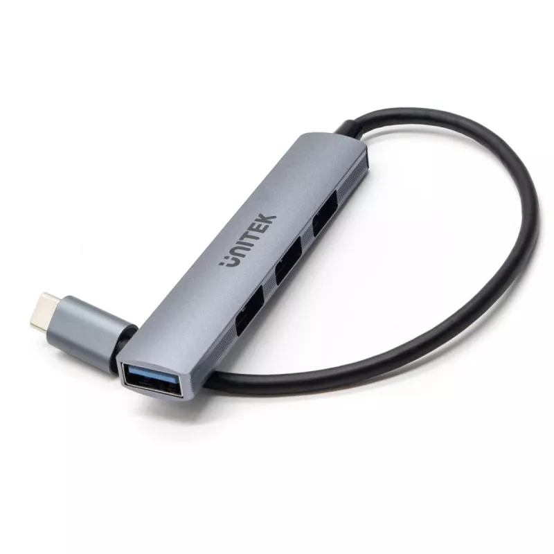 Hub USB-C Unitek H1208B — 1x USB-A 5 Gbit/s, 3x USB-A 2.0, host USB-C, case in alluminio, cavo 0,20 m