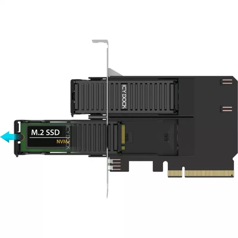Scheda adattatore PCIe icybox MB312M4P-B — 2× M.2 NVMe su PCIe 4.0 x8 (biforcazione)