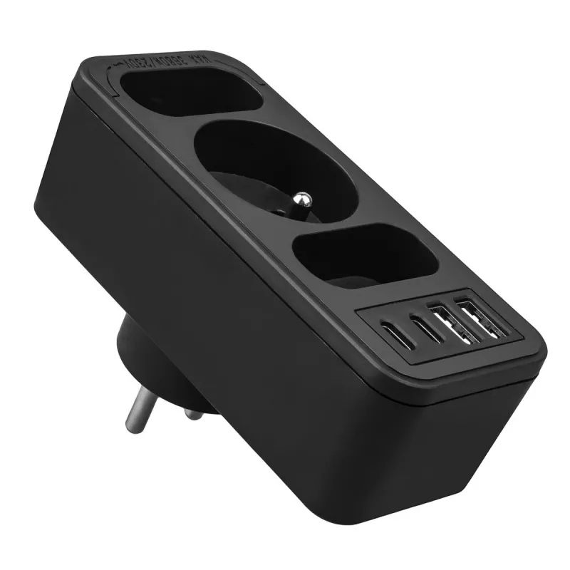 Power splitter MACLEAN MCE248 F/B — 3 prese AC (1x16A, 2x6A) e 4 porte USB (2xUSB‑A, 2xUSB‑C PD 20W), spina EU, nero