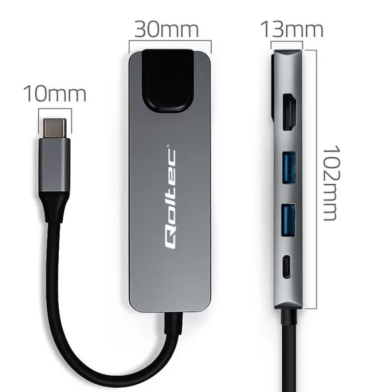 Hub USB-C QOLTEC 53795 5-in-1 con 100W PD, 2×USB-A, HDMI 4K, RJ45