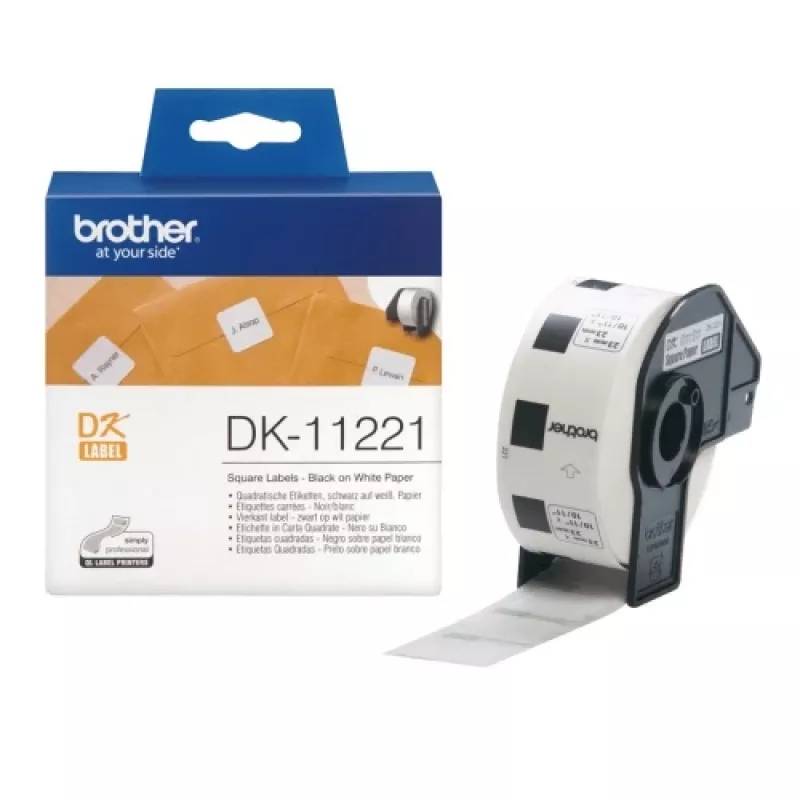 Brother DK-11221 (DK11221) etichette, quadrate, nero su bianco, 23 mm, 1000 etichette per rotolo
