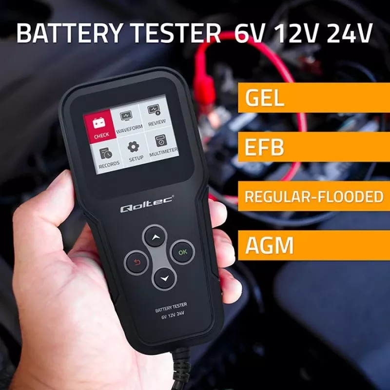 Qoltec 52489 analizzatore e tester digitale di batterie 3-in-1 con LCD e multilingua 6V | 12V | 24V | 30Ah-200Ah