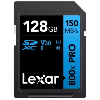 Scheda di memoria SDXC Lexar 128GB UHS-I 800xPRO Class 10 U3 V30 — 150 MB/s in lettura, 45 MB/s in scrittura, nero