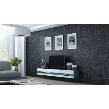 Supporto TV Cama Meble VIGO NEW 30/140/40 — 1400×400×300 mm, piano grigio, truciolare, struttura grigia, frontali bianco lucido