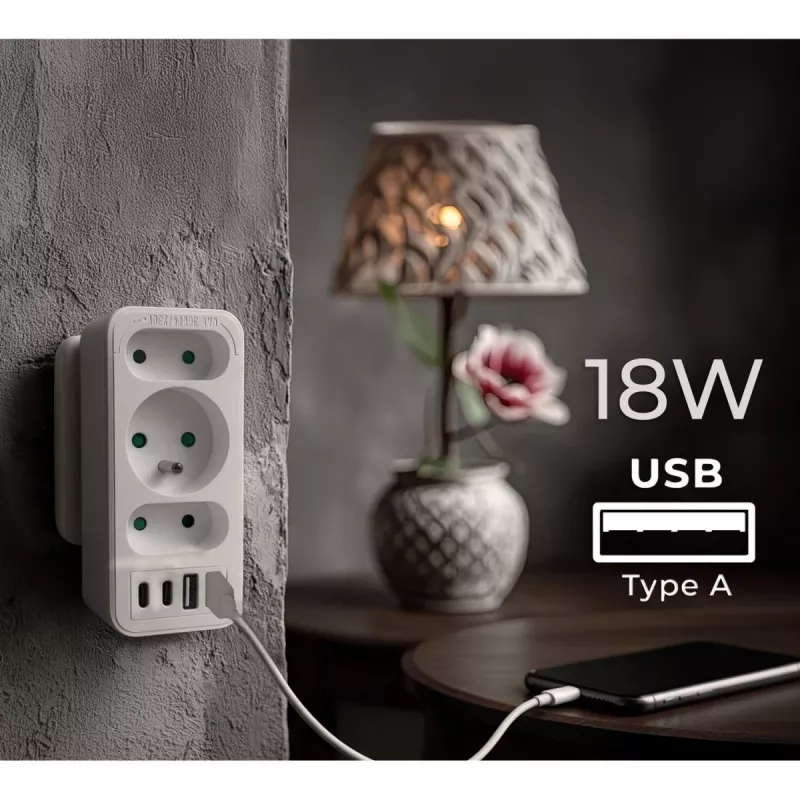 Power splitter MACLEAN MCE248 F/W — 3 prese AC (1×16A, 2×6A) + 4×USB (2×A, 2×C PD 20W), spina EU, bianco
