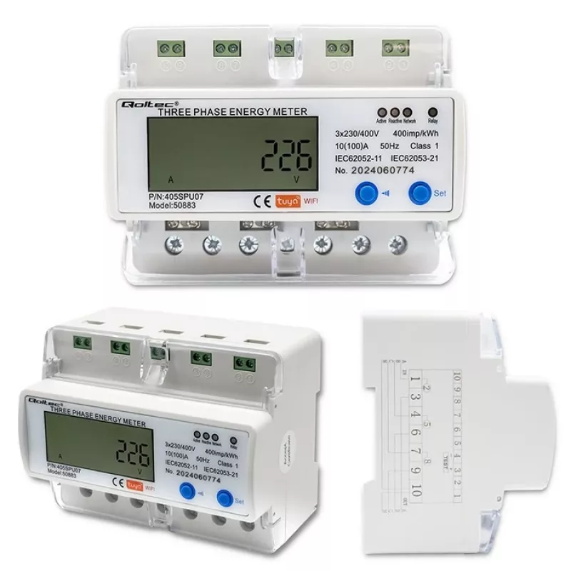 Contatore di energia trifase QOLTEC 50883 Wi‑Fi 400V con display LCD