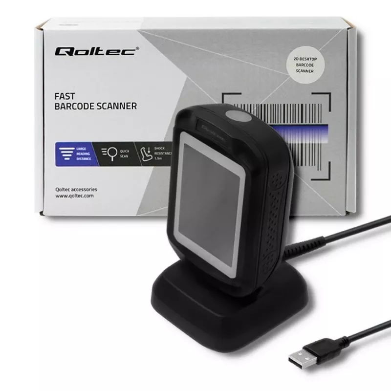 Lettore di codici a barre fisso 1D/2D QOLTEC 50864, sensore LED, USB (con cavo), nero, 145×85×80 mm