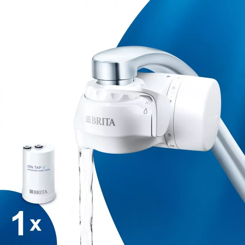 Filtro per rubinetto BRITA ON TAP V CU CE2 (1052067) — 4 stadi, capacità 600 L, 3 modalità, 5 adattatori, bianco
