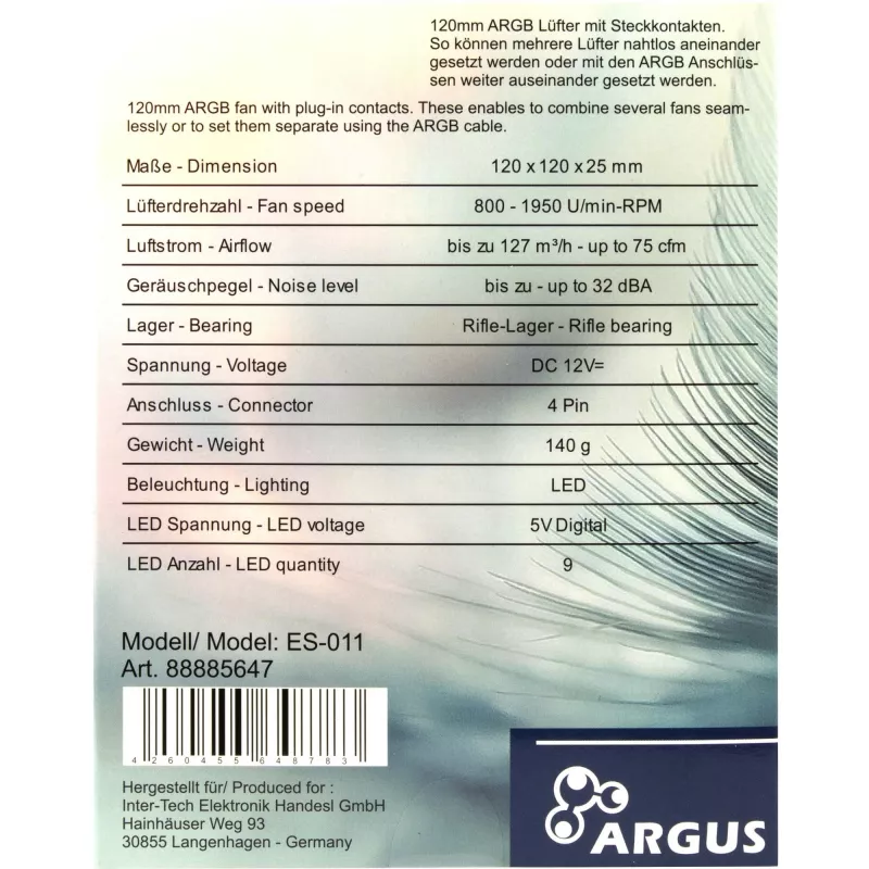 Ventola per case PC INTER-TECH ES-011, 120 mm, nero, 1 pz.