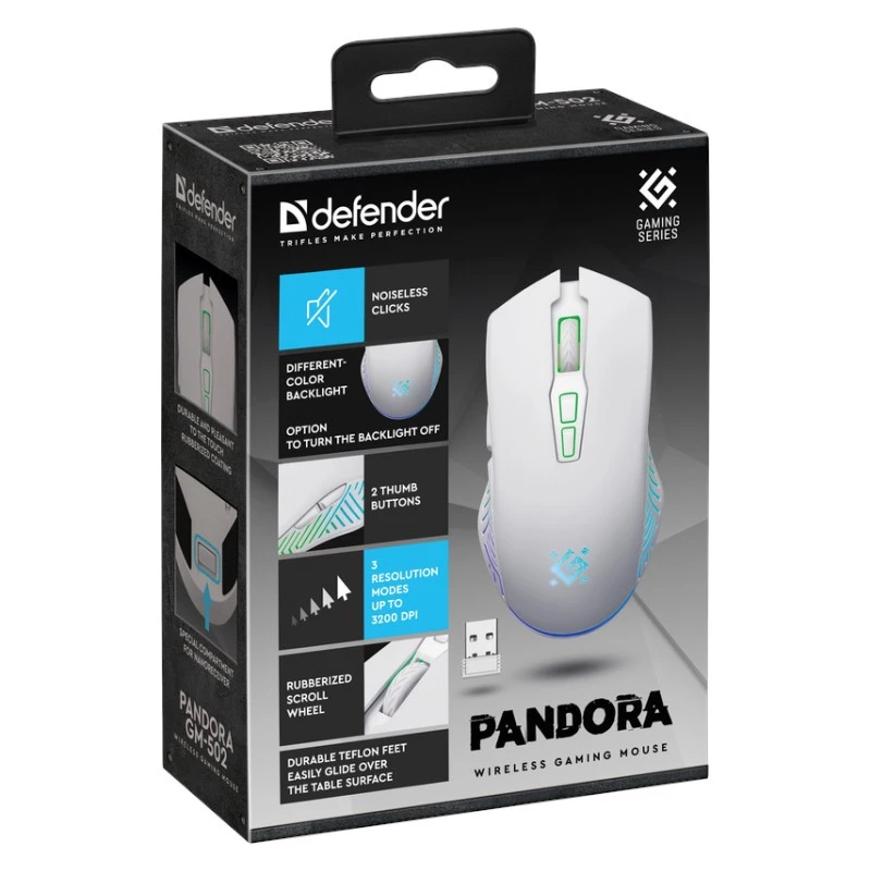 Mouse gaming wireless DEFENDER Pandora White – ambidestro, 3200 DPI, 6 tasti, programmabile, ottico, USB