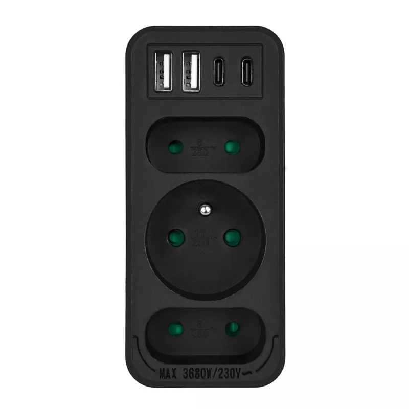 Power splitter MACLEAN MCE248 F/B — 3 prese AC (1x16A, 2x6A) e 4 porte USB (2xUSB‑A, 2xUSB‑C PD 20W), spina EU, nero