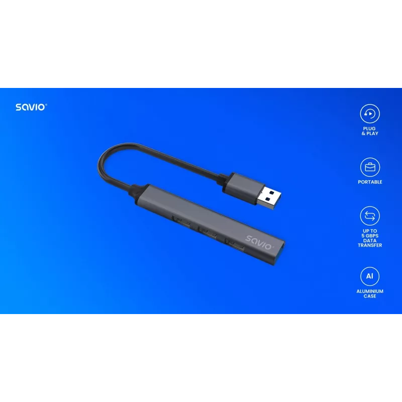 Savio AK-70 hub USB-A, 4 in 1: 3 x USB-A 2.0 + 1 x USB-A 3.1 Gen 1, 5 Gbps