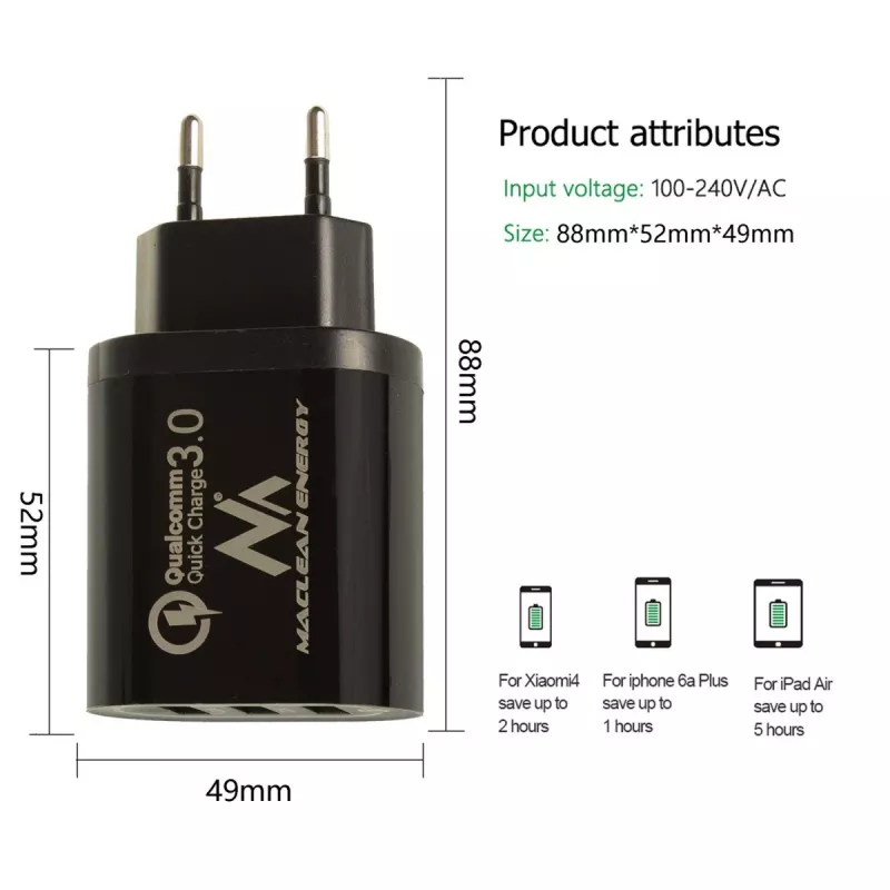 Caricabatterie da parete USB MACLEAN MCE479B — 3 porte USB, 18W di potenza totale, compatto