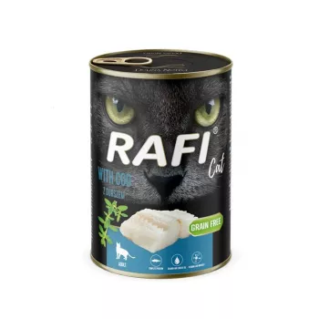 Cibo umido per gatti Dolina Noteci Rafi con merluzzo, alimento completo per gatti adulti, scatoletta 400 g, gusto pesce