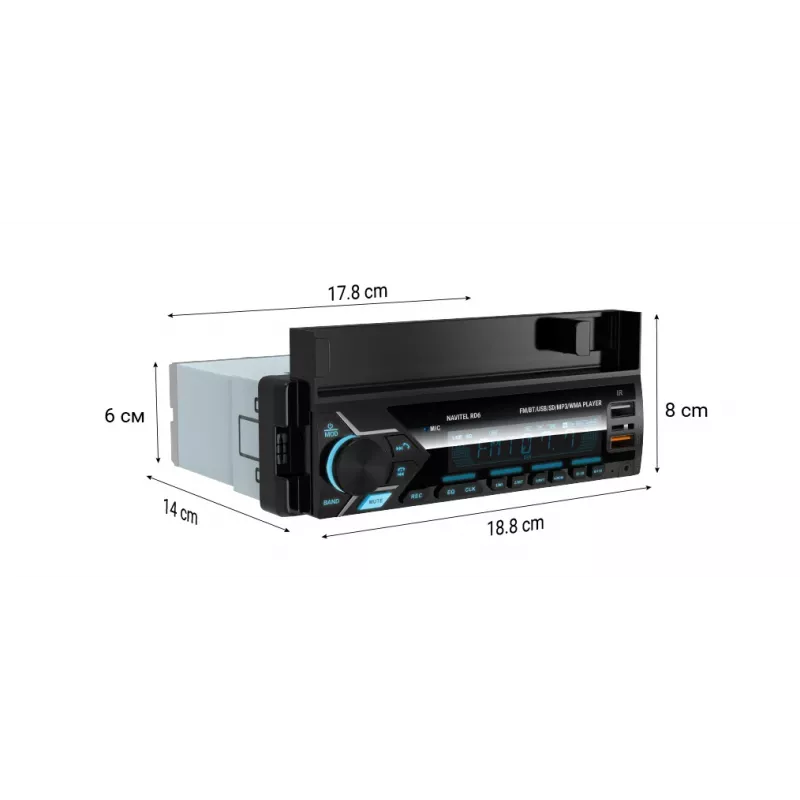 Ricevitore multimediale digitale per auto Navitel RD6 — lettore audio 4x45 W, riproduzione da fonti digitali ed esterne, installazione Single-DIN