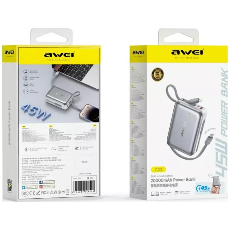 Powerbank portatile Awei C03 20000mAh con uscita 45W e cavo USB-A/USB-C integrato