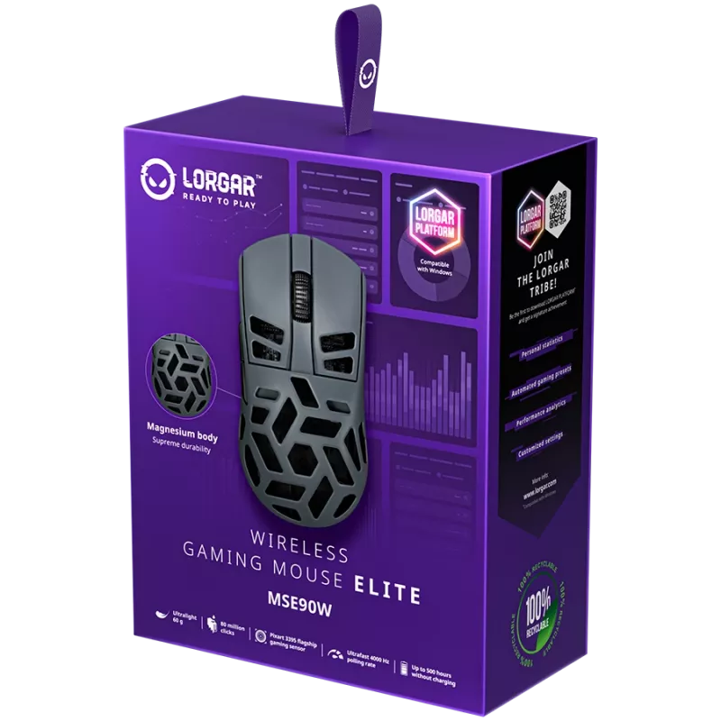 LORGAR MSE90W, mouse gaming wireless Elite in lega di magnesio, grigio scuro