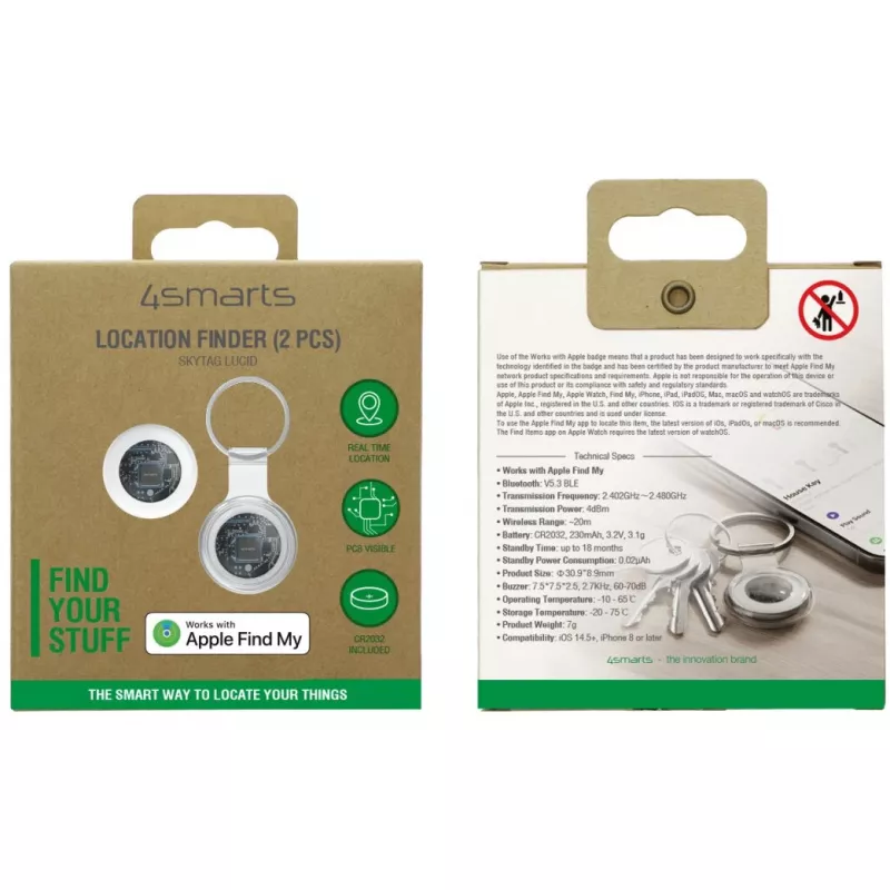 Localizzatore 4smarts SkyTag Lucid confezione da 2 – tracker Bluetooth GPS, bianco